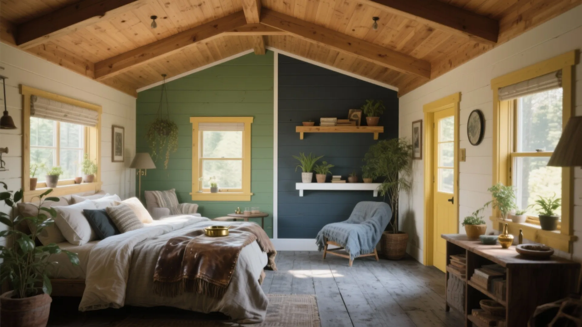 Cozy cabin bedroom with green and dark blue walls wooden ceiling yellow windows and many plants