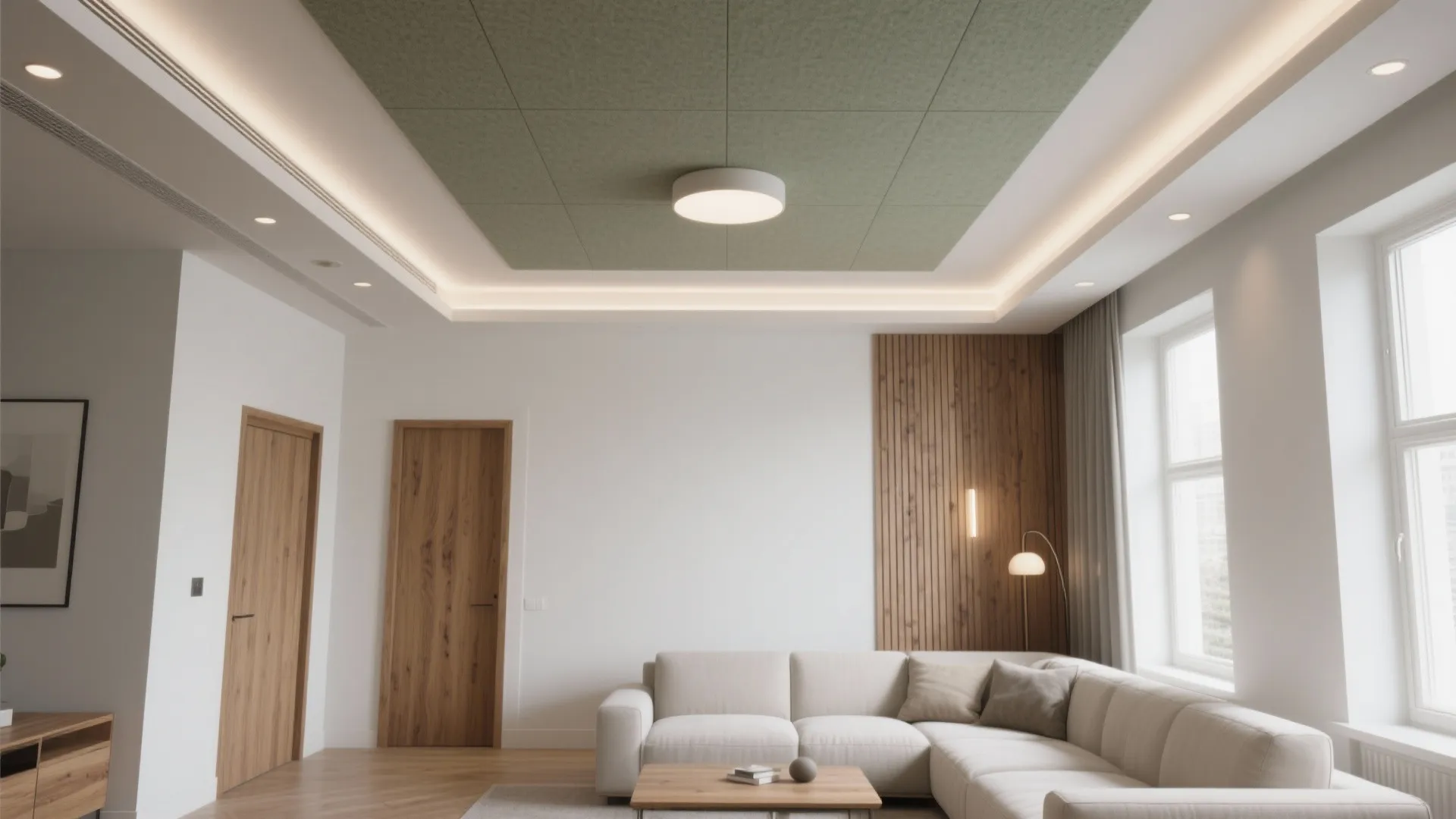Living room with green ceiling panel white sofa wooden coffee table and wall light fixture
