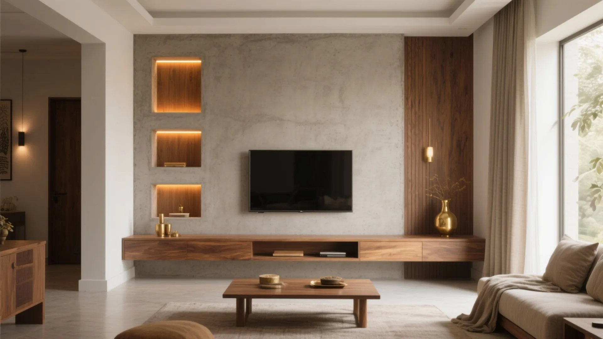 Modern living room with concrete wall, wooden cabinet, black television, beige sofa, and natural light