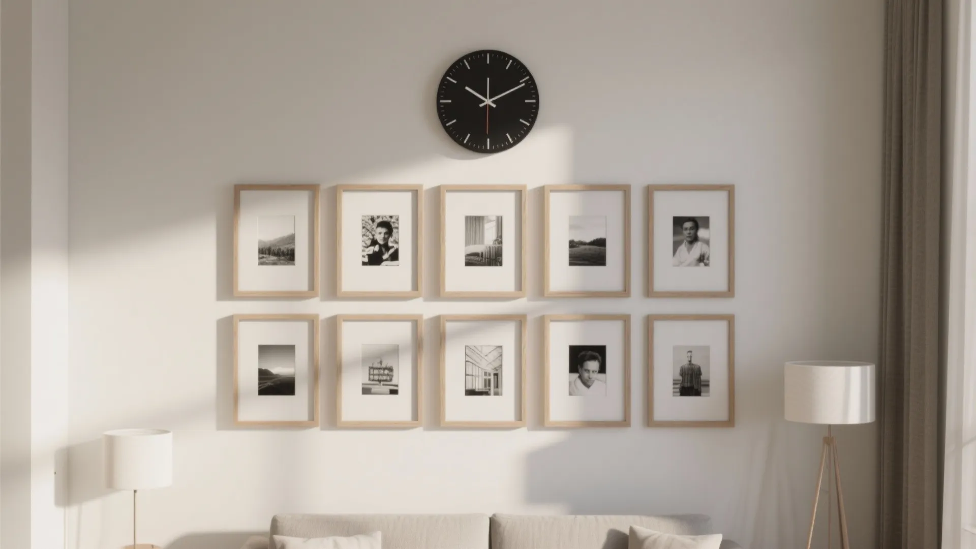 Modern white living room wall with ten wooden picture frames and black round wall clock