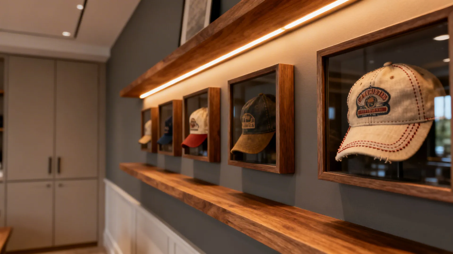 Macro view of vintage caps in LED-lit shadow boxes on an oak shelf against a matte warm gray wall.