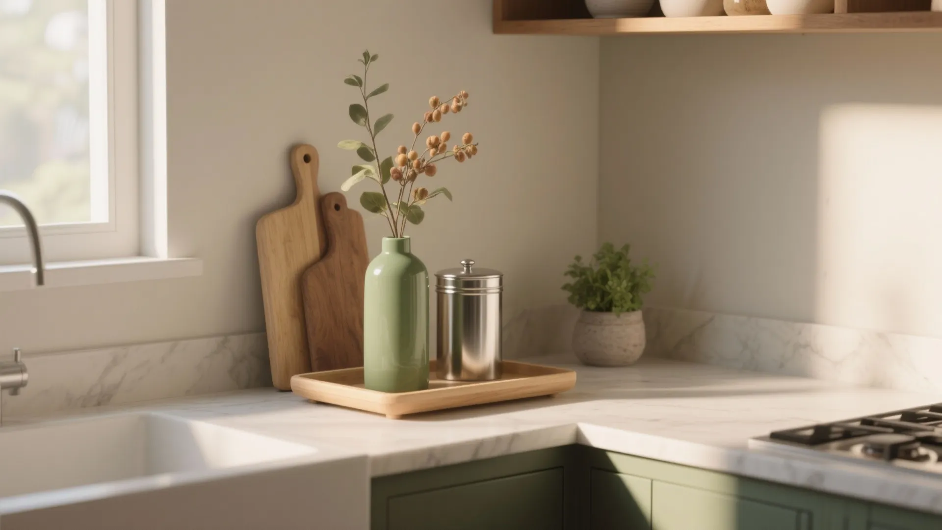 Modern kitchen marble countertop with green flower vase, wooden tray, metal container, and cutting boards