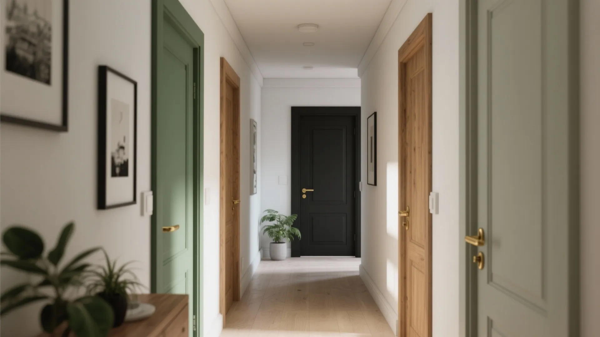 Modern hallway showcasing different colored doors including green wood and a black door at the end