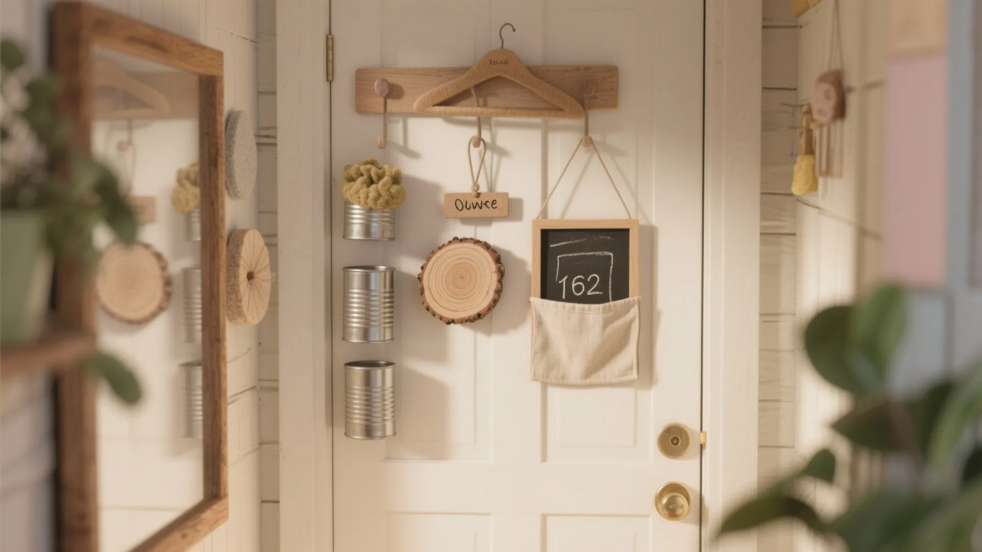 White door decorated with wooden hanger metal cans small chalkboard and round wood piece decor