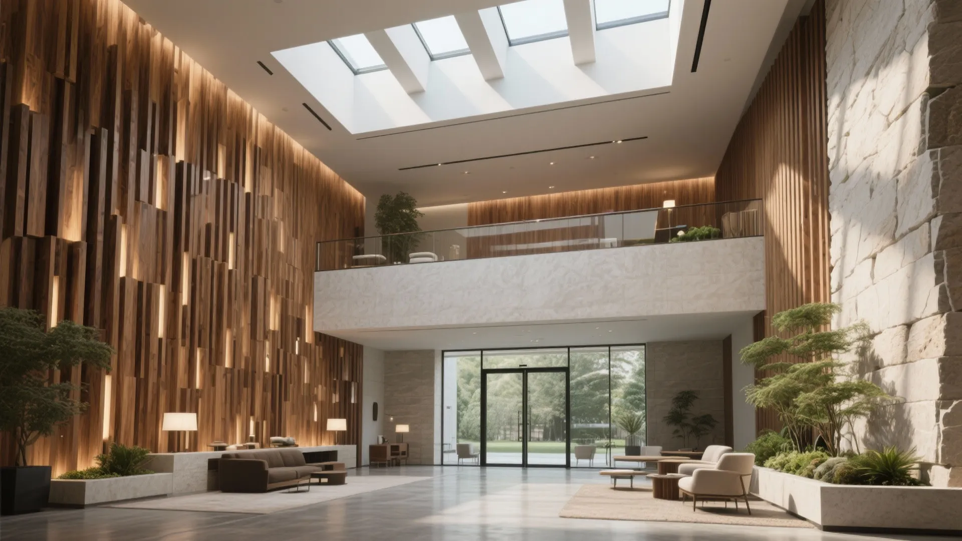 Large open lobby with skylights wood wall panels stone walls sofa seating and indoor plants