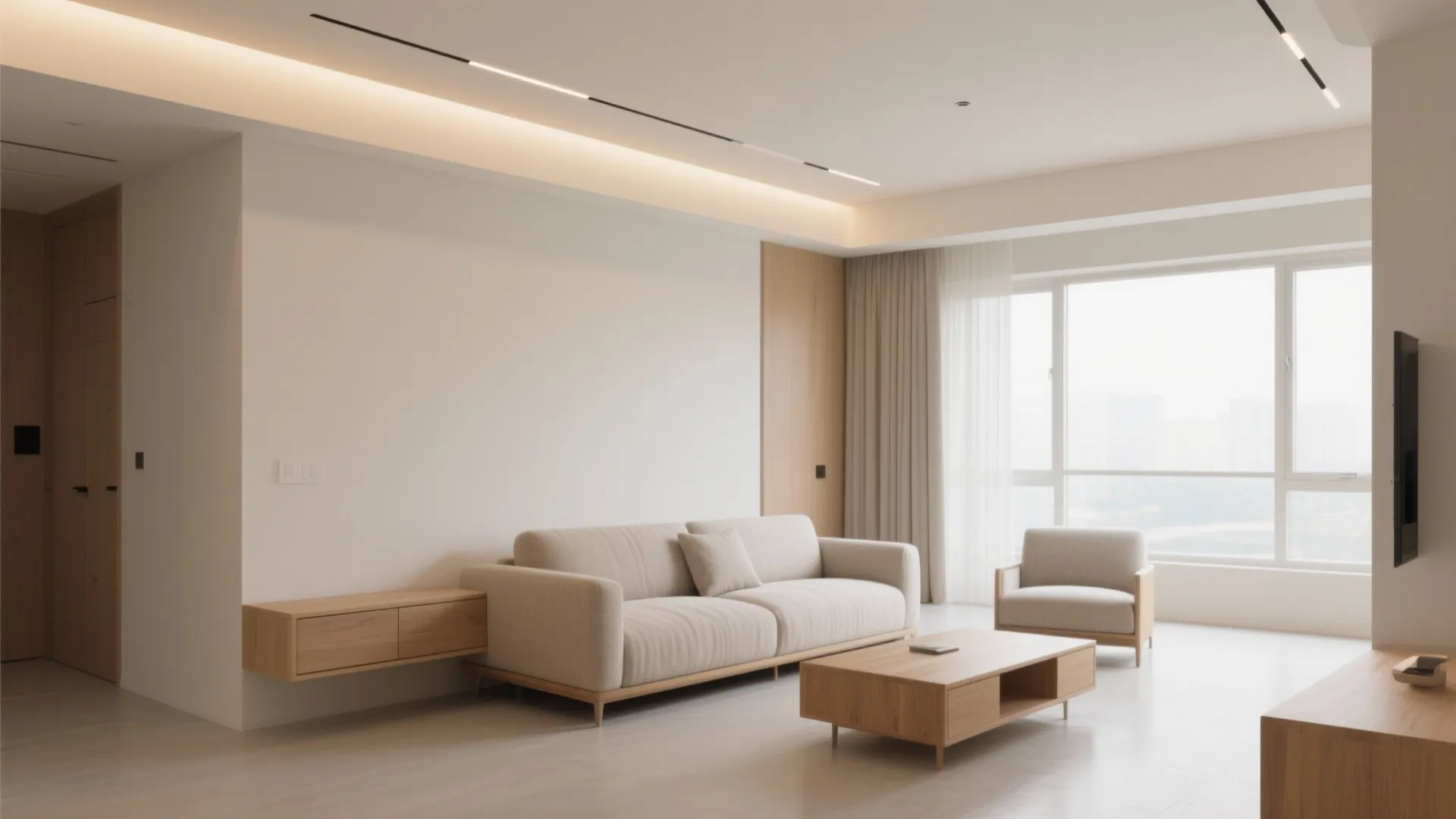 Minimalist beige living room with soft sofa wooden coffee table large windows and warm light fixtures