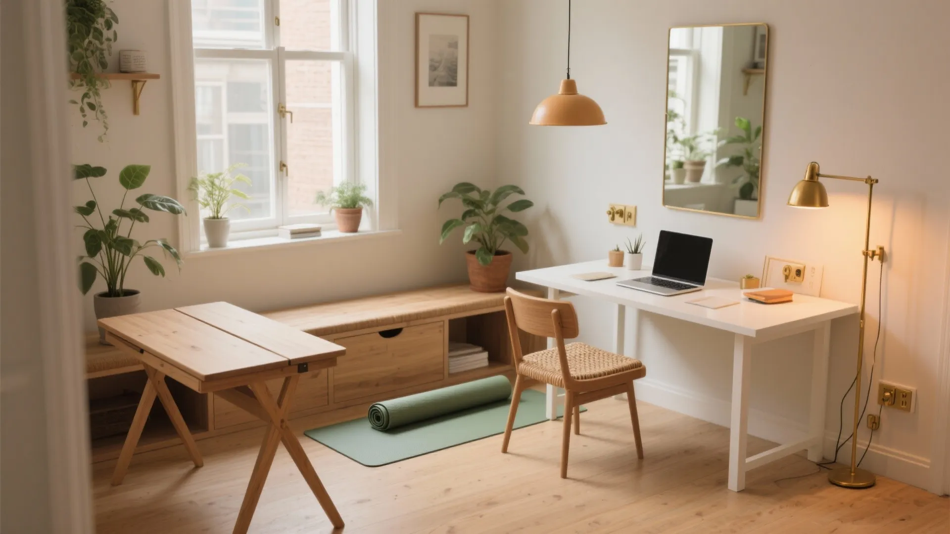 Bright home office room with white desk wood chair yoga mat and laptop near big window