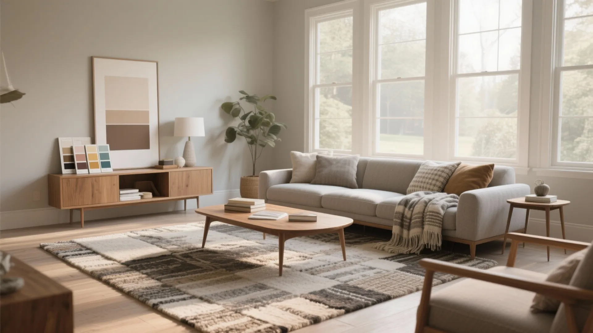 Bright modern living room with grey sofa wooden coffee table large windows and minimalist wall art