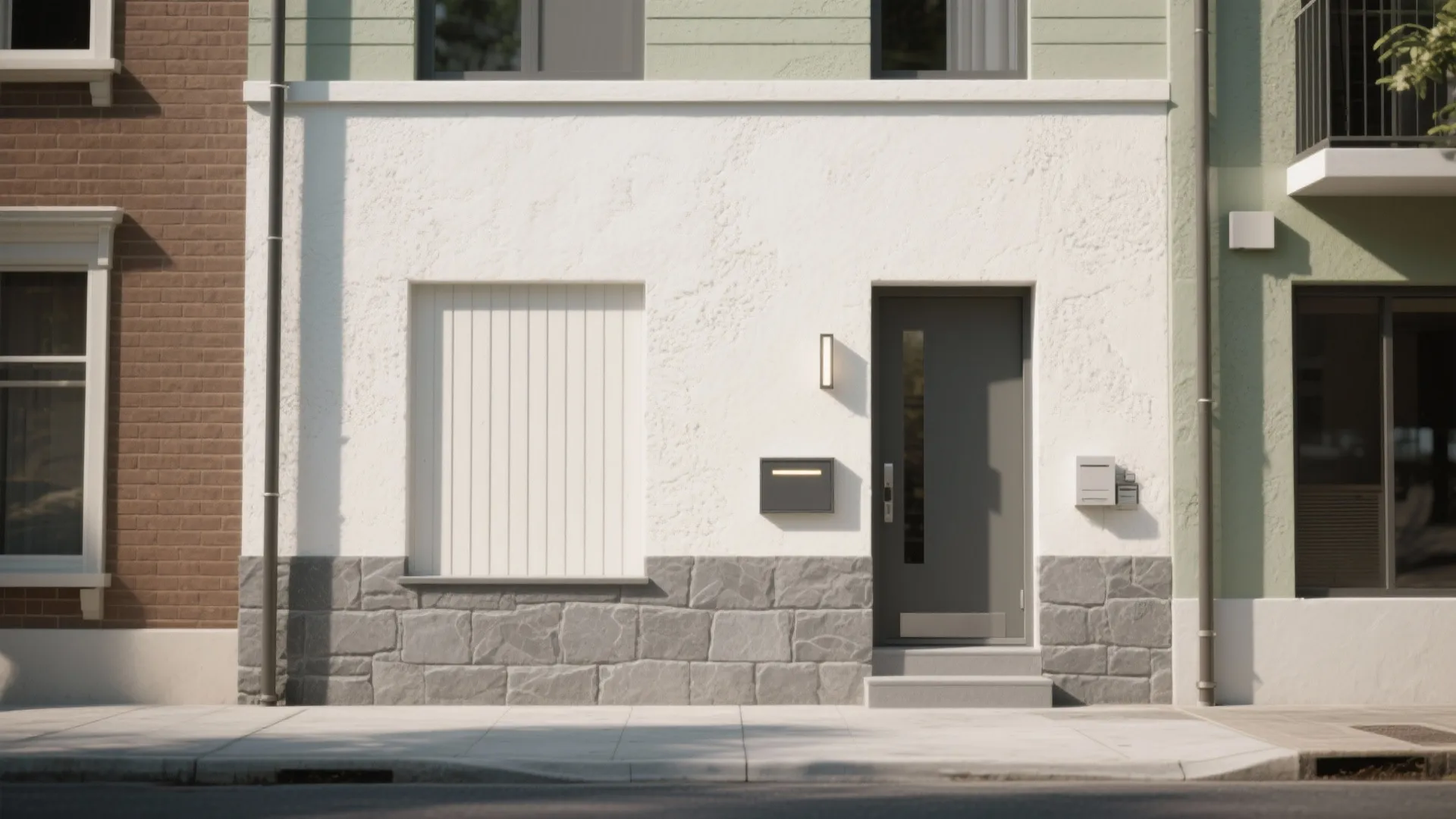 Modern building exterior with white plaster wall stone base dark grey door and wall light