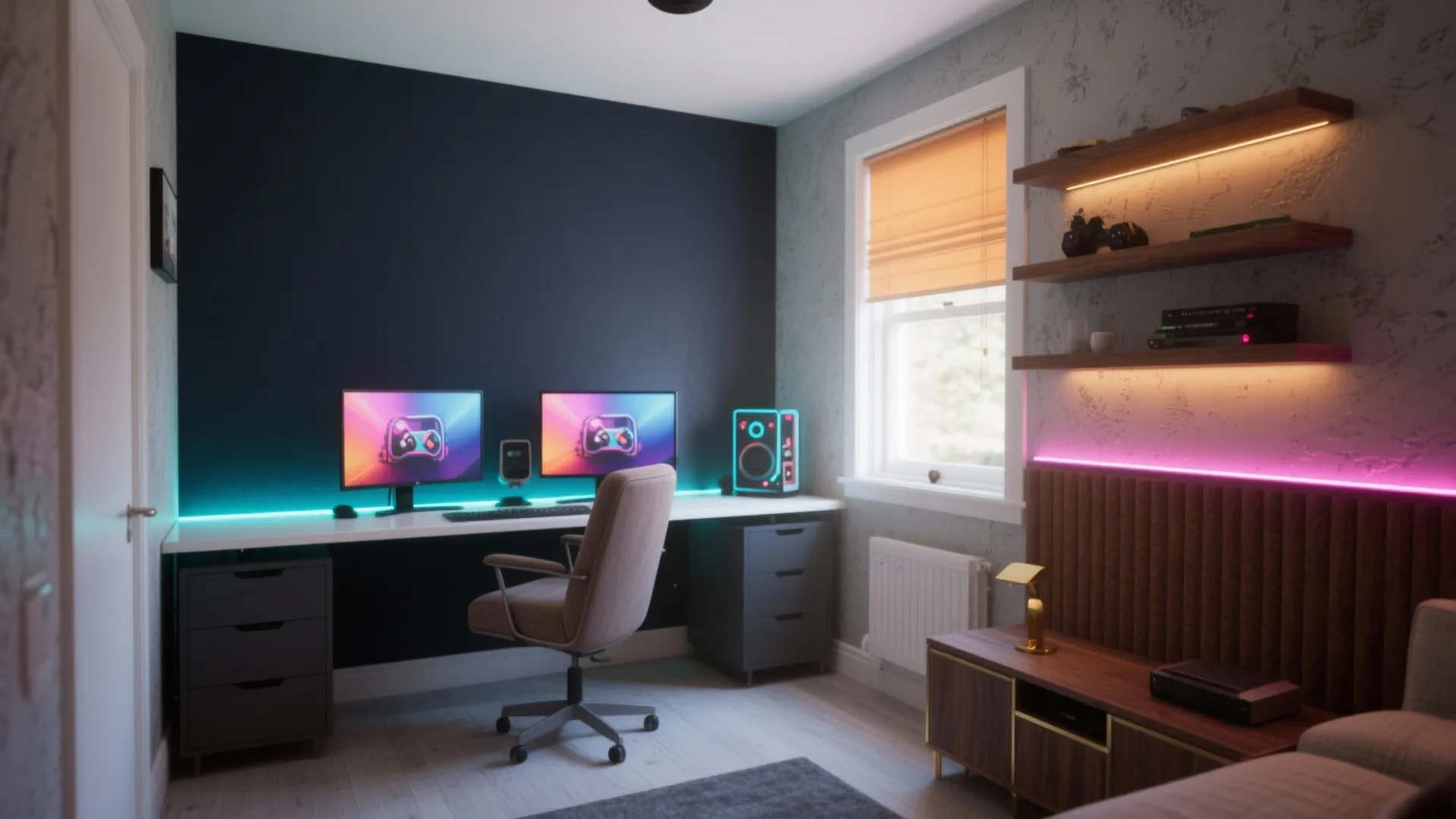Gaming room with dual monitors white desk brown chair wall shelves and colorful led lights
