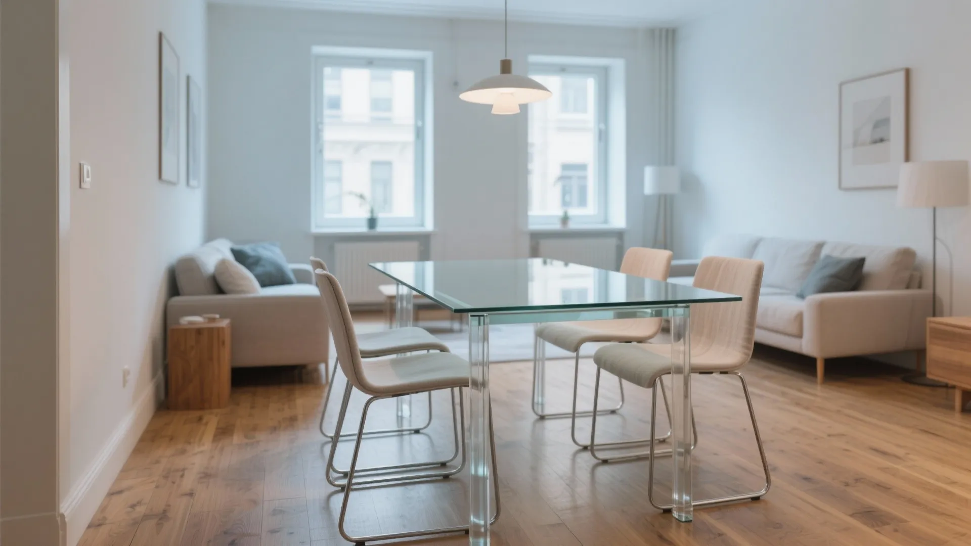Minimalist living room with glass dining table beige chairs wood floor white sofa and windows