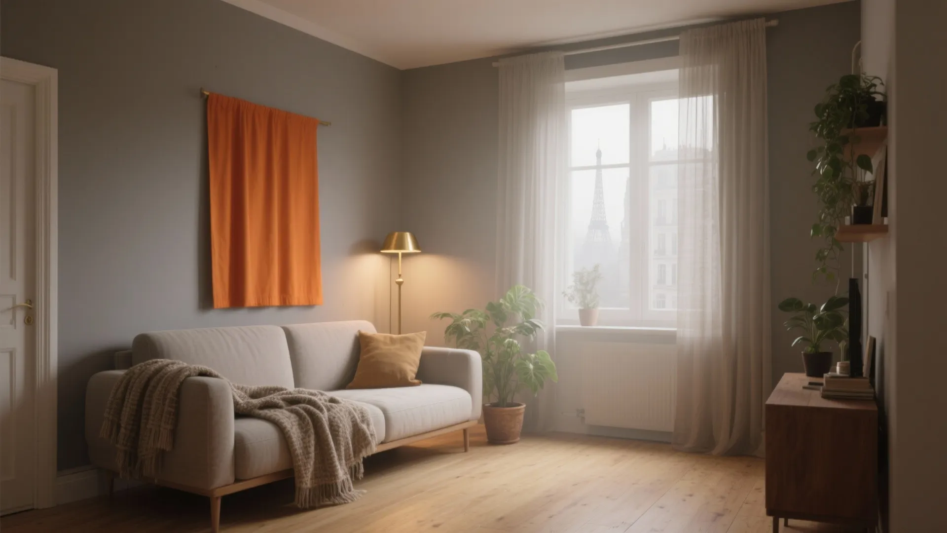 Modern living room with white sofa, orange wall panel, floor lamp, green plants, and curtains.