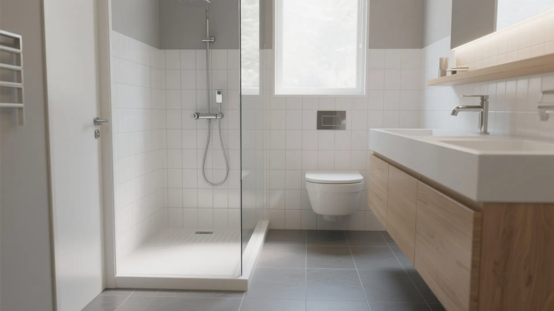 Modern bathroom featuring glass shower wall toilet wood cabinet double sink white tiles and floor