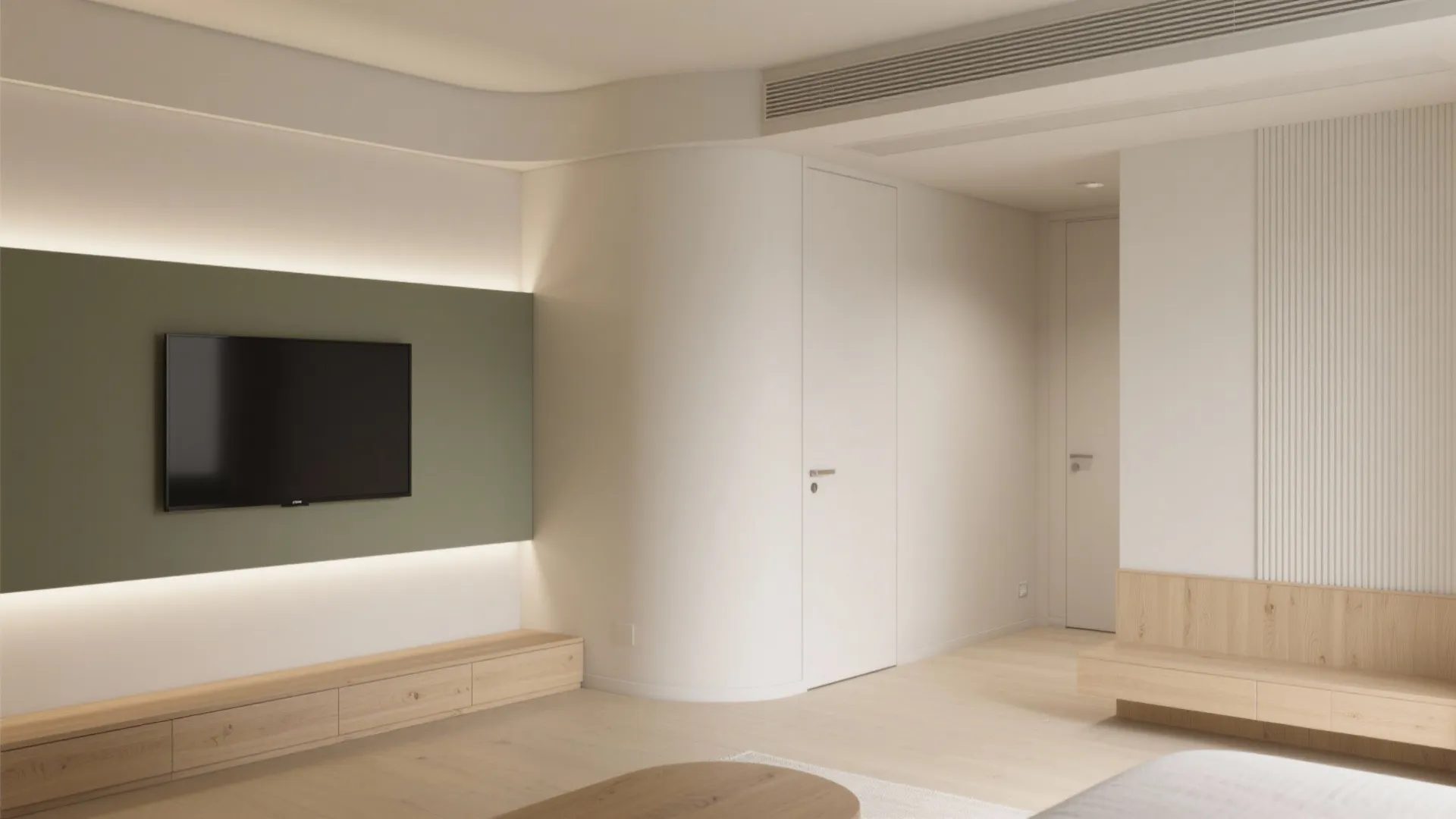 Minimalist living room with green wall panel mounted television wood floor and white curved wall