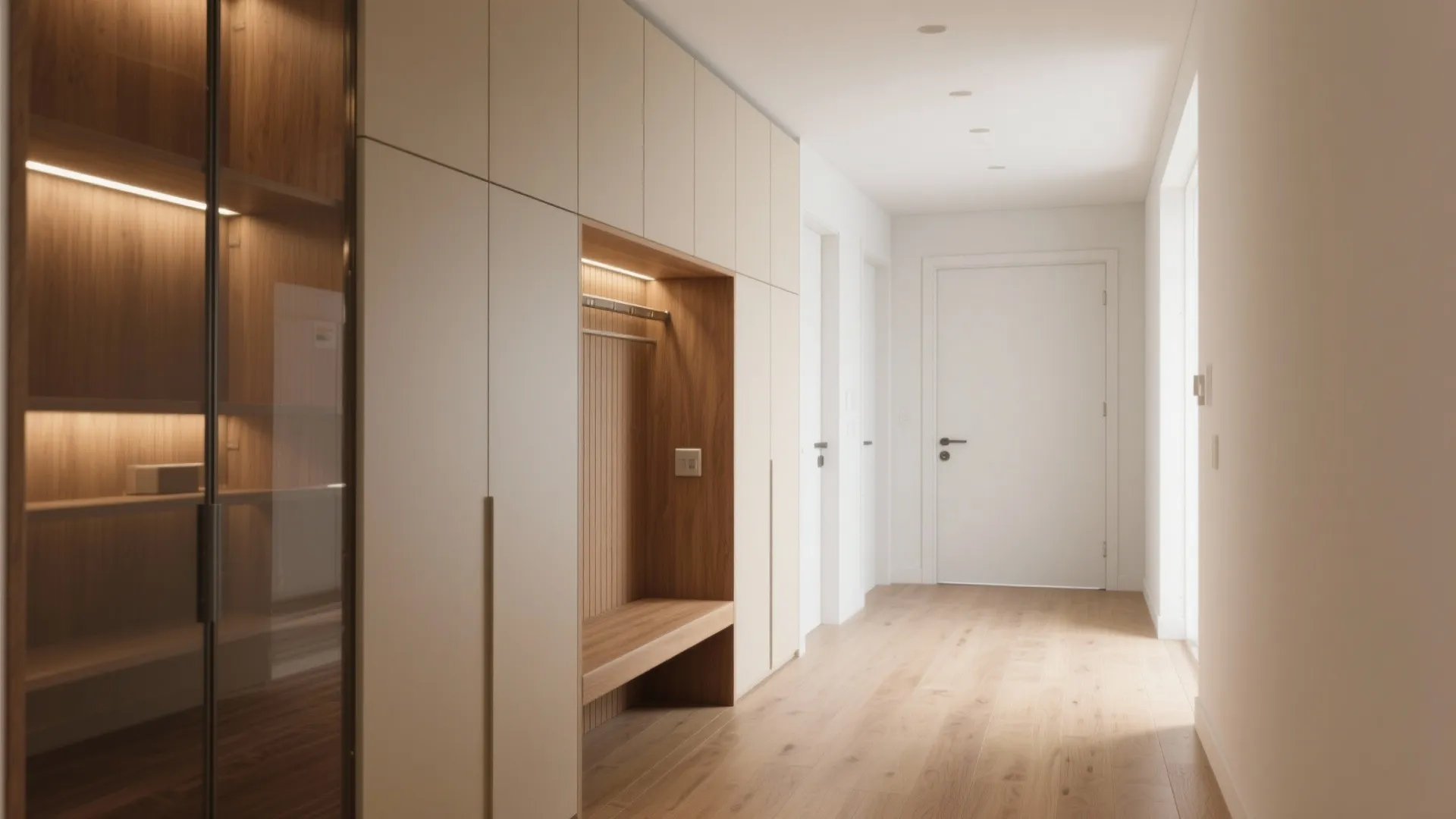 Long white hallway with built in cabinet featuring a wooden bench and light wood floor
