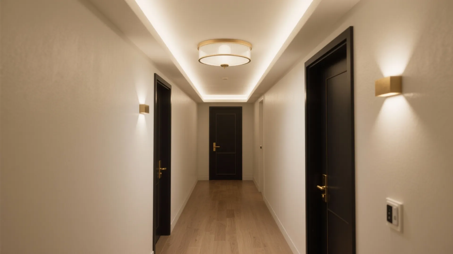 Modern hallway with warm ceiling light black doors wooden floor and square gold wall lights