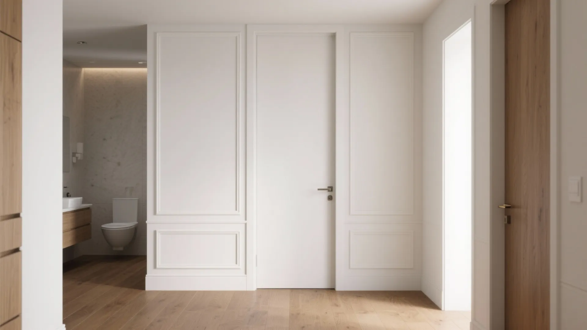 Minimalist white door with wall panel design next to a bathroom with wooden floor tiles