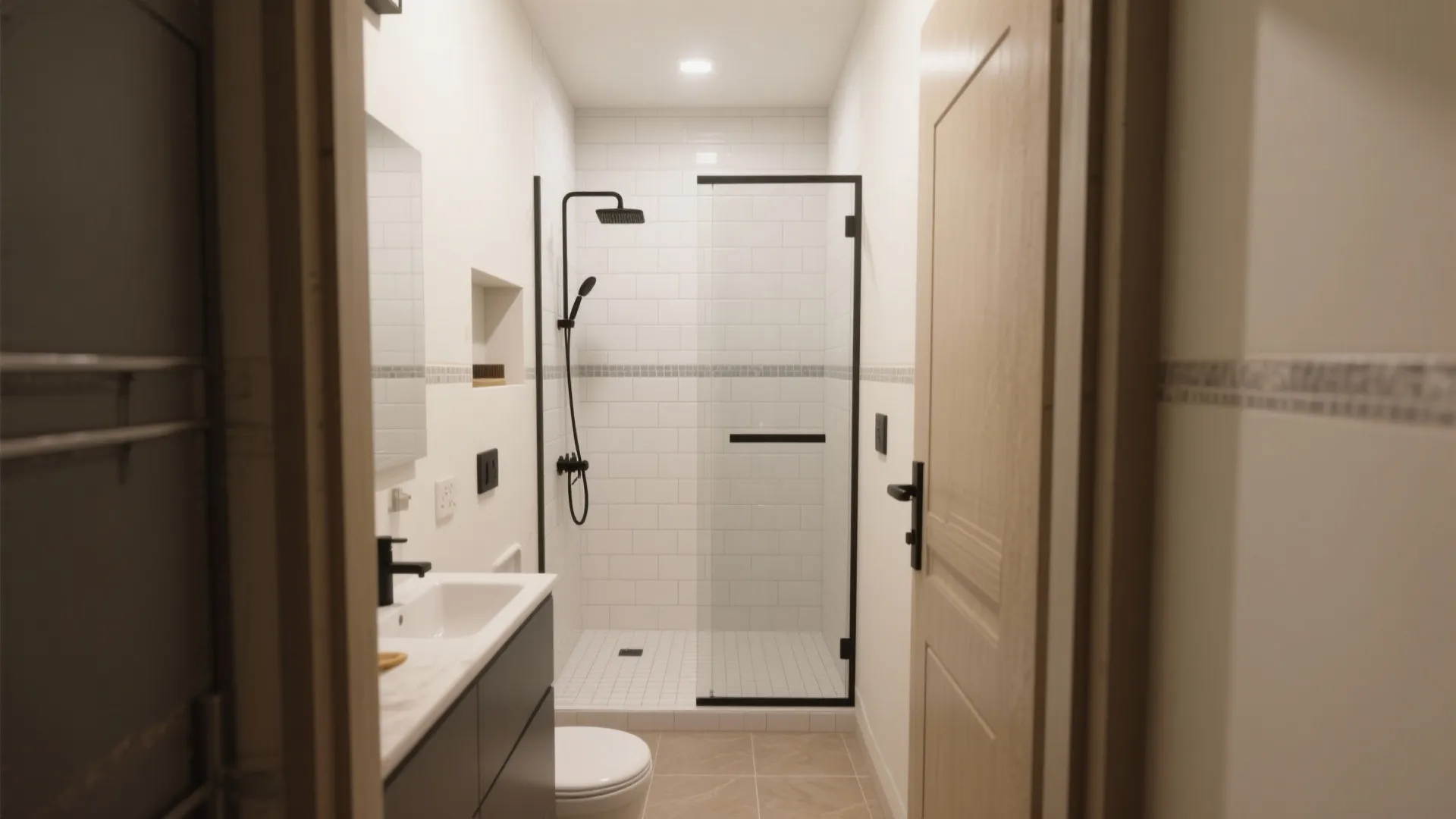 Modern narrow bathroom featuring white brick tiles black shower frame small sink and wooden door
