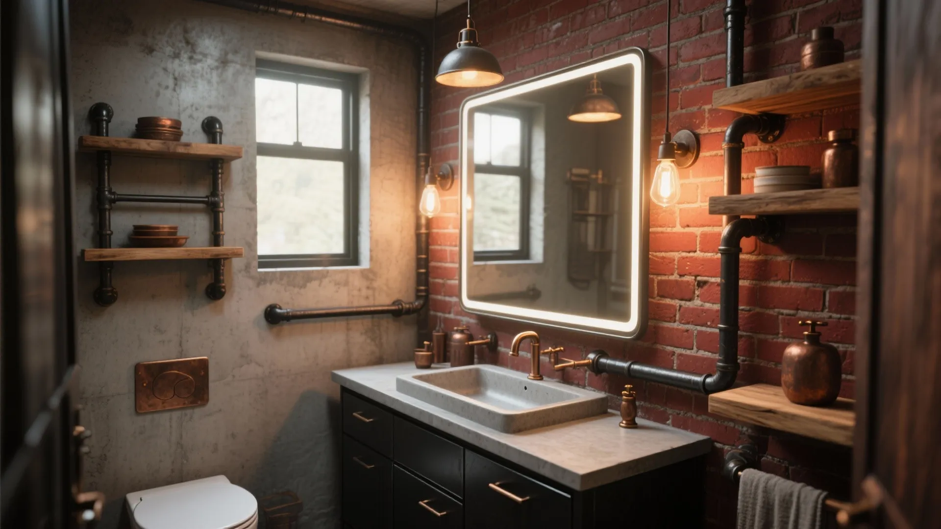 Industrial bathroom with red brick wall, lighted mirror, black cabinet, wooden shelves, and exposed pipes