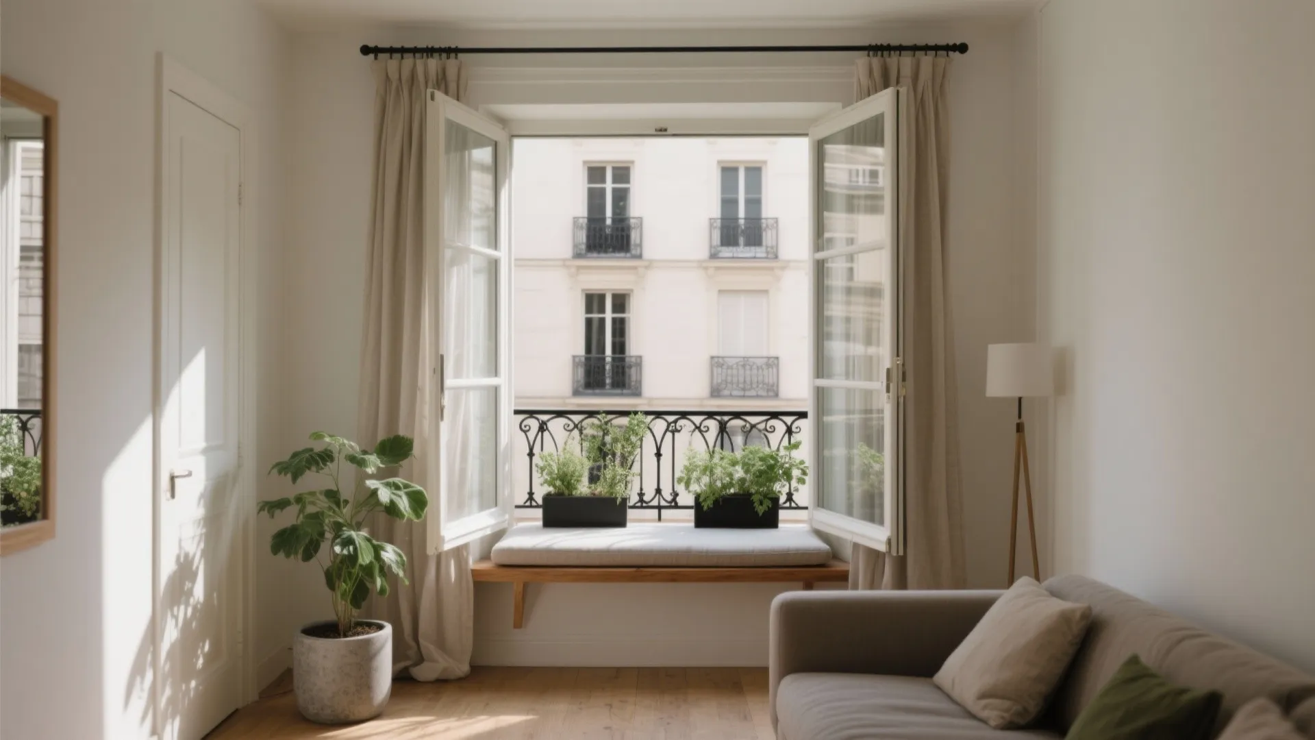 Bright living room with open windows cream curtains green plants sofa and a floor lamp