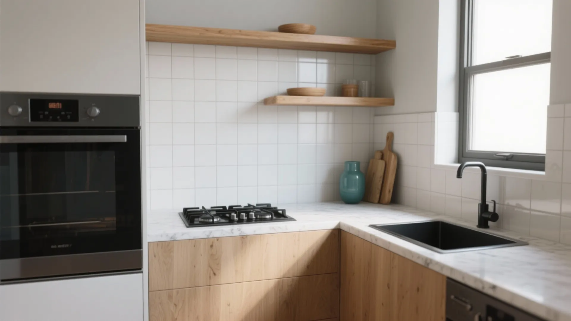 Modern kitchen with wood cabinets white wall tiles marble countertop black sink and gas stove