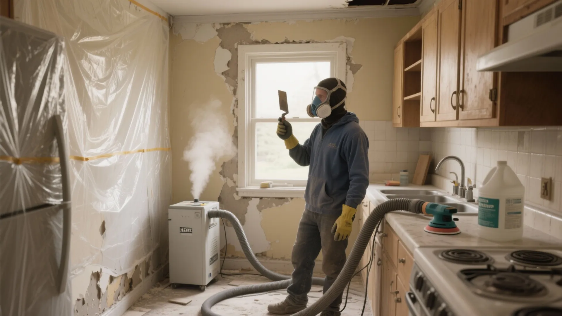 Man in gas mask uses steam machine to remove paint from kitchen walls during renovation