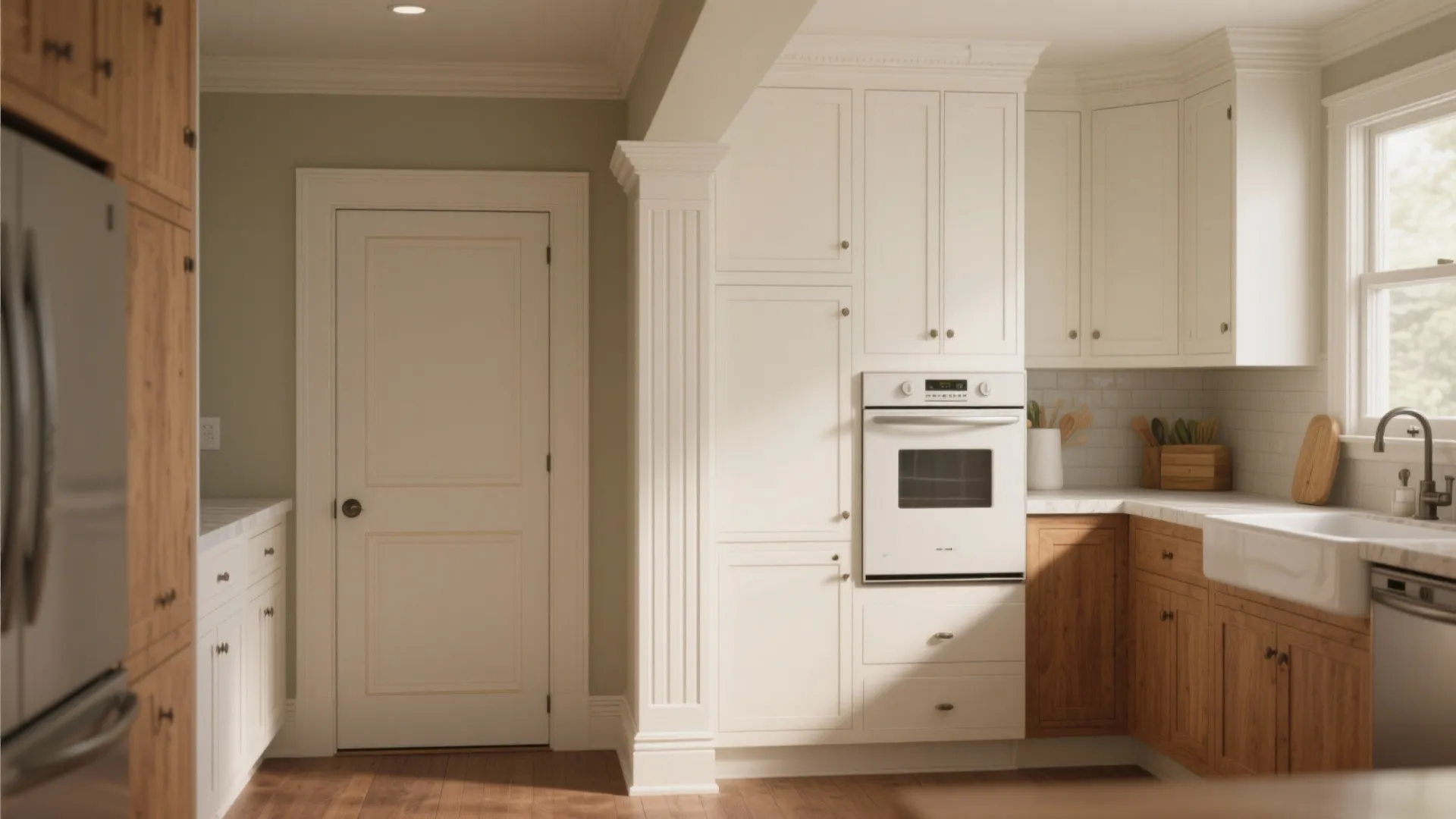 Bright kitchen with white cabinets wooden lower drawers oven white sink and decorative white wall panel