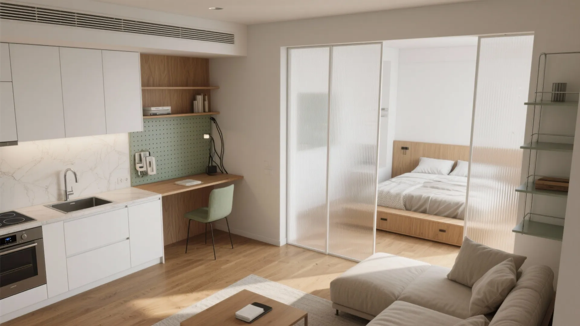 Modern studio apartment with white kitchen cabinets wooden workspace green chair and glass bedroom sliding doors