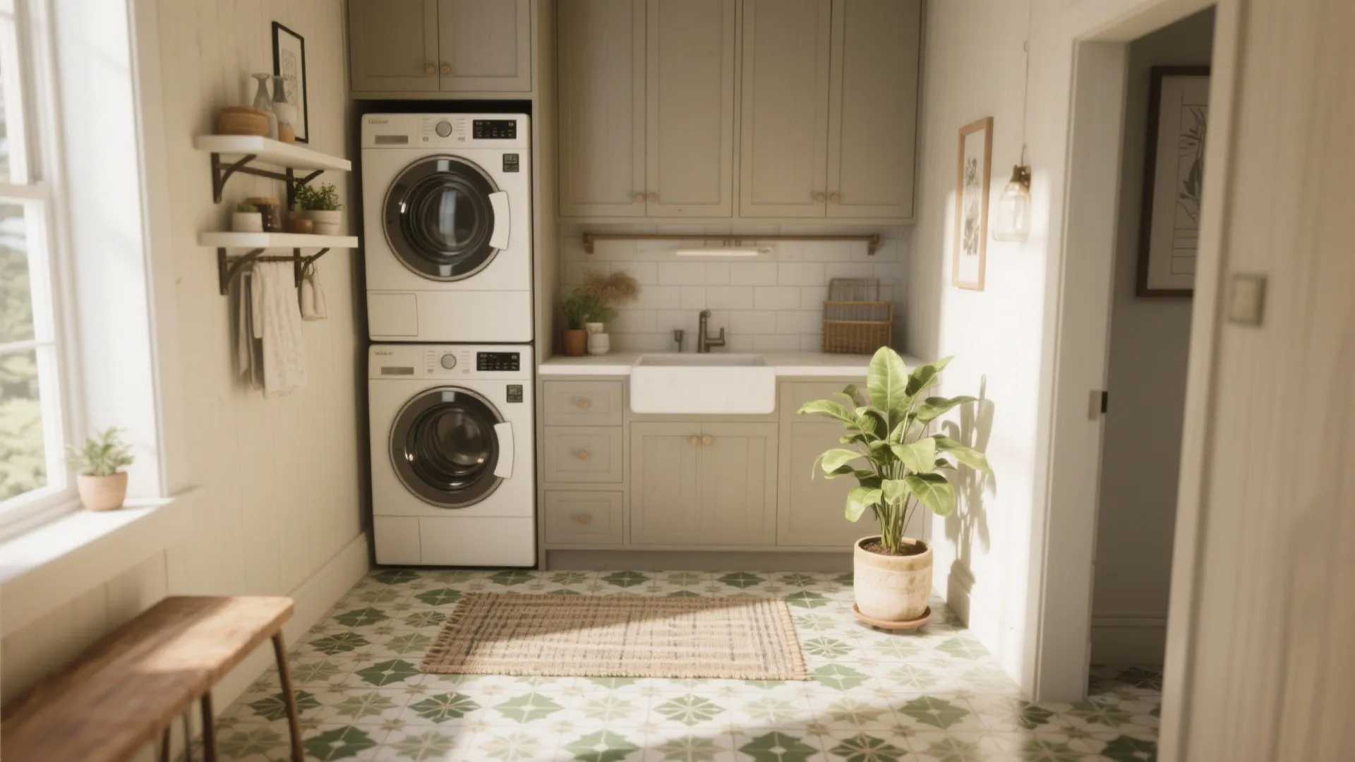 Laundry room with stacked washing machines green cabinets white sink patterned floor tiles and potted plant