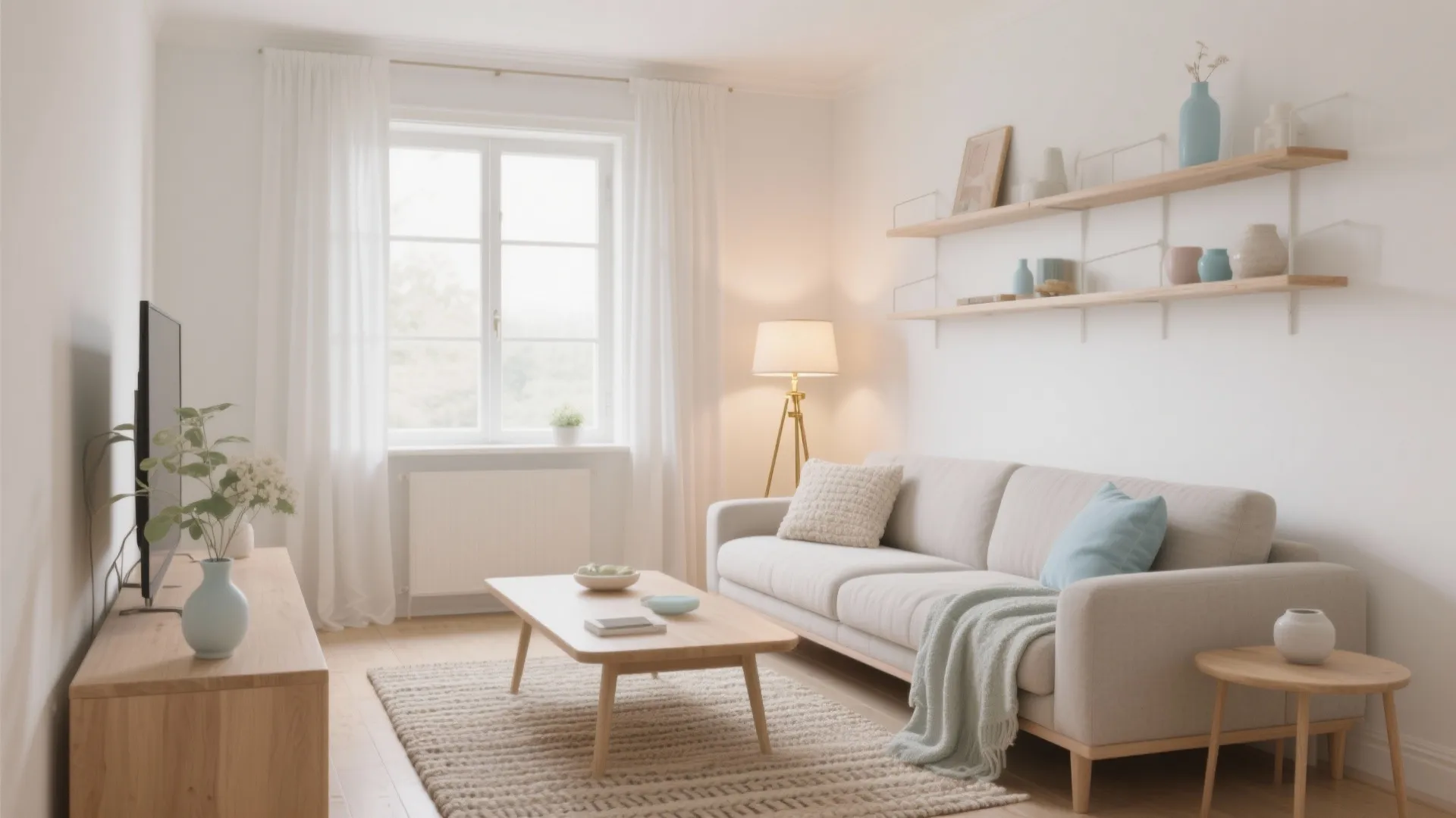 Modern bright living room with white sofa wooden coffee table floor lamp and wall shelves decor