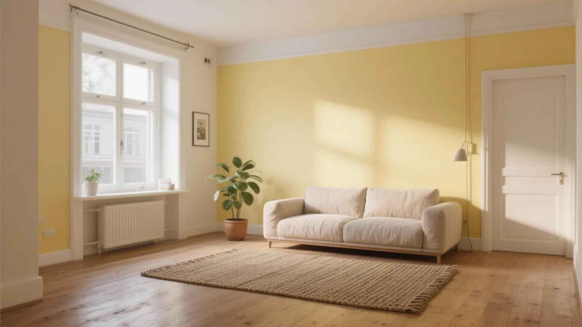 Bright room with yellow walls wooden floor beige sofa green plant and natural light from window