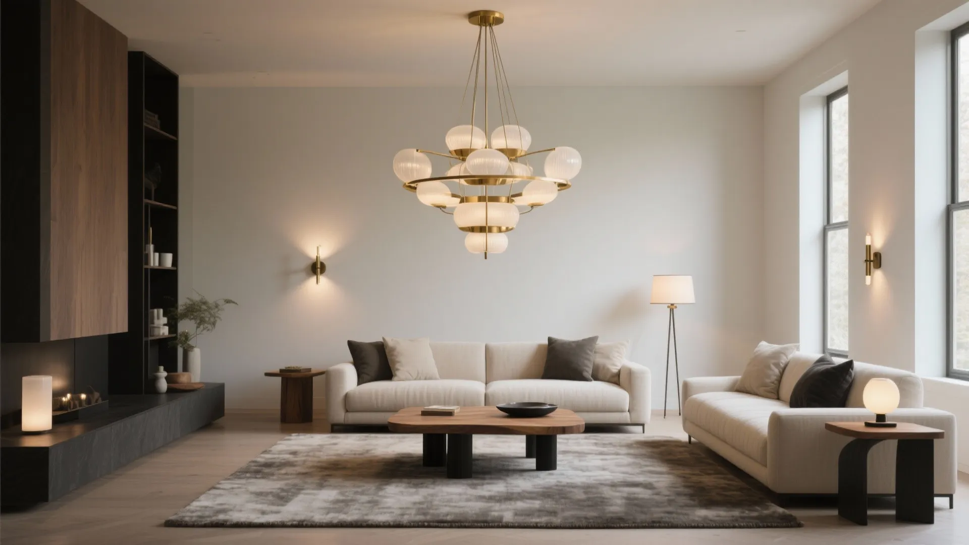 Modern living room with white sofas a large ceiling light wood coffee table and fireplace