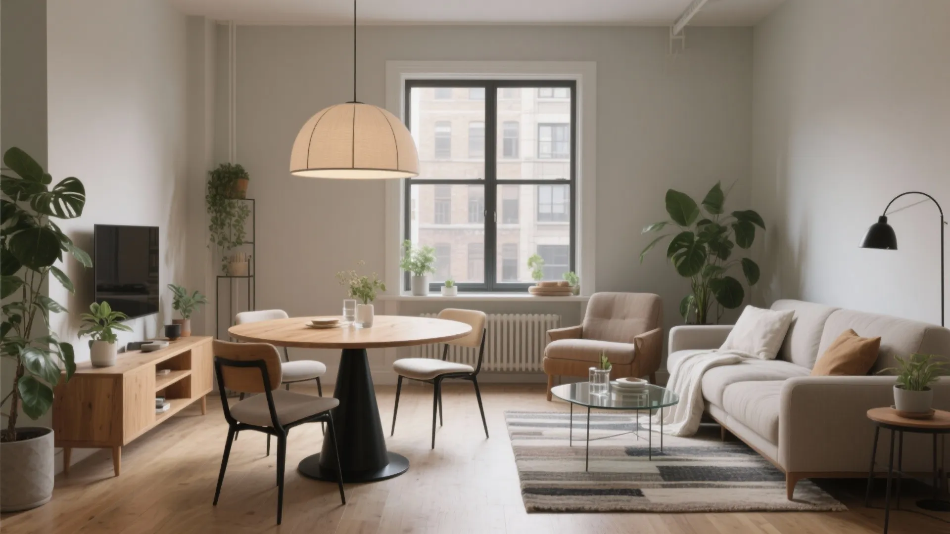 Modern open plan living room with wood dining table ceiling light beige sofa and natural light