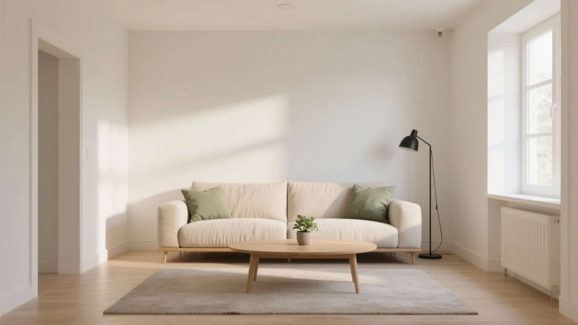 Minimalist living room with beige sofa green pillows wooden coffee table grey rug and floor lamp