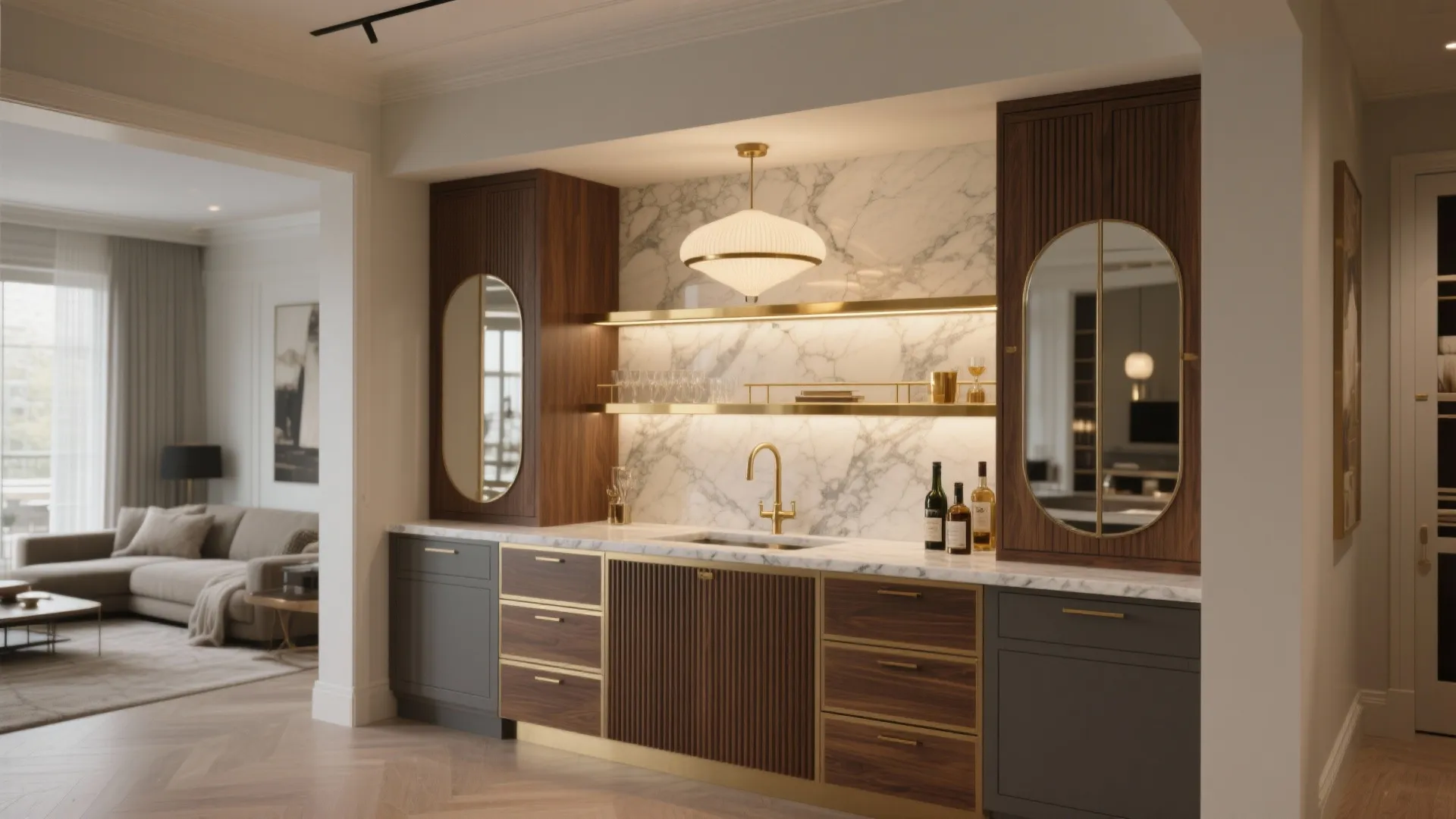 Luxury home bar featuring wood cabinets marble backsplash gold hardware and a white ceiling light