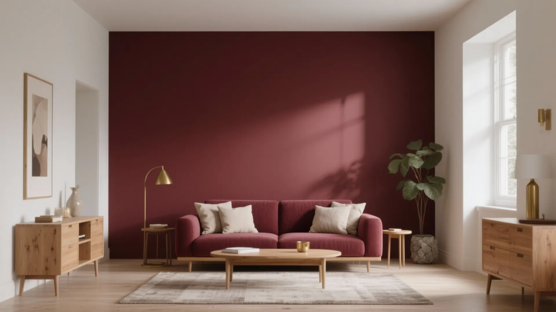 Modern living room with dark red feature wall red sofa wooden table and light flooring