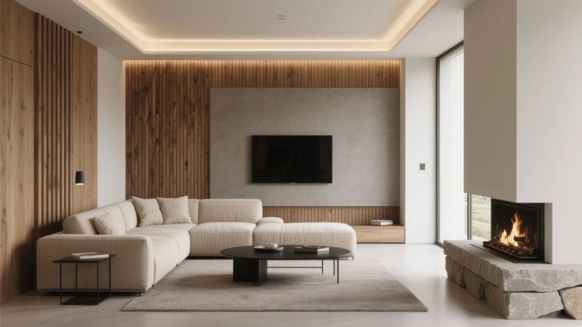Modern living room with cream sofa wood wall panel stone fireplace and wall mounted black television