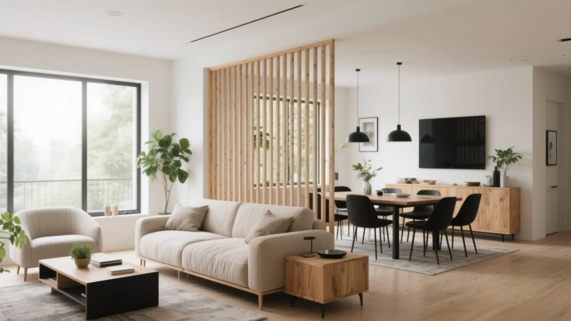 Open plan living area featuring a wooden room divider beige sofa and black dining room chairs