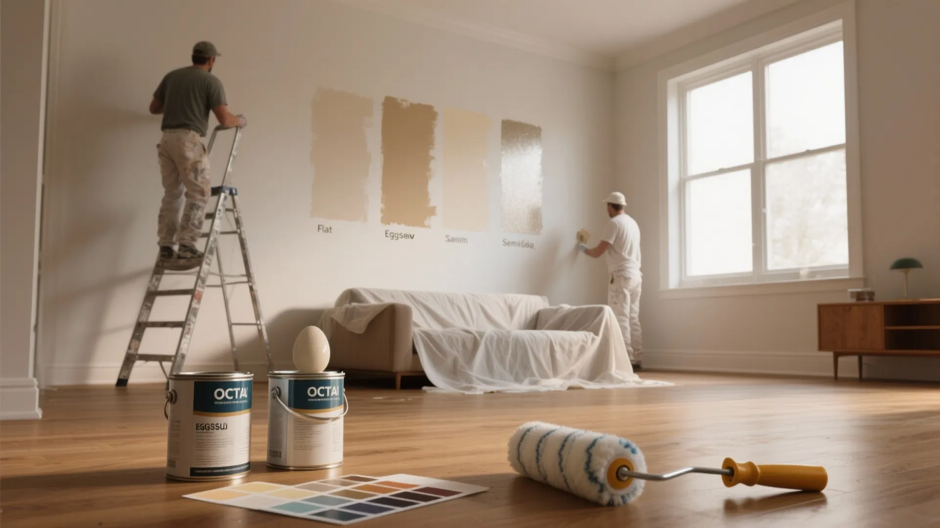 Two men painting living room walls with different beige color samples and a paint roller