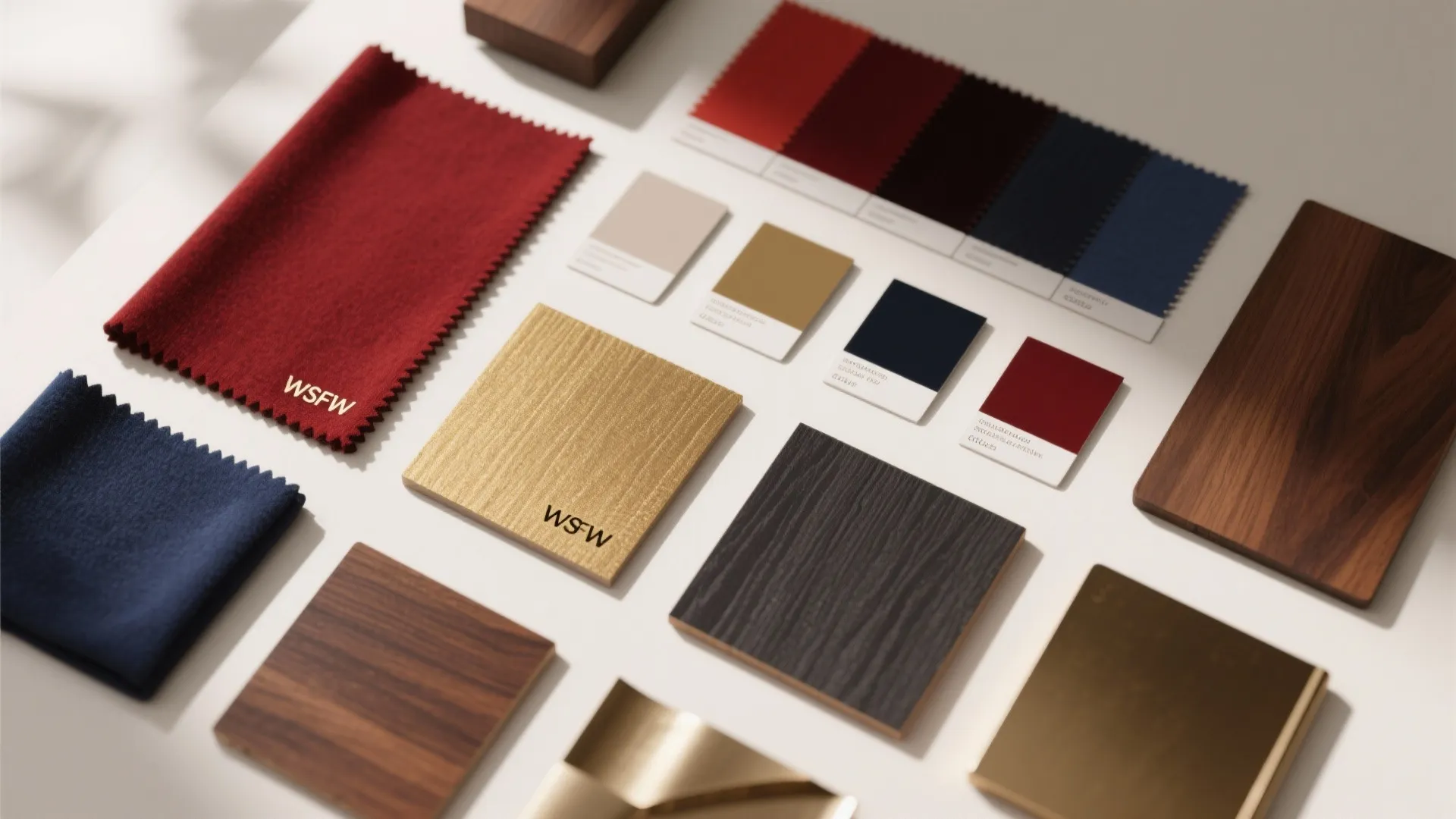 Interior design mood board with fabric samples wood tiles color swatches and metal material pieces