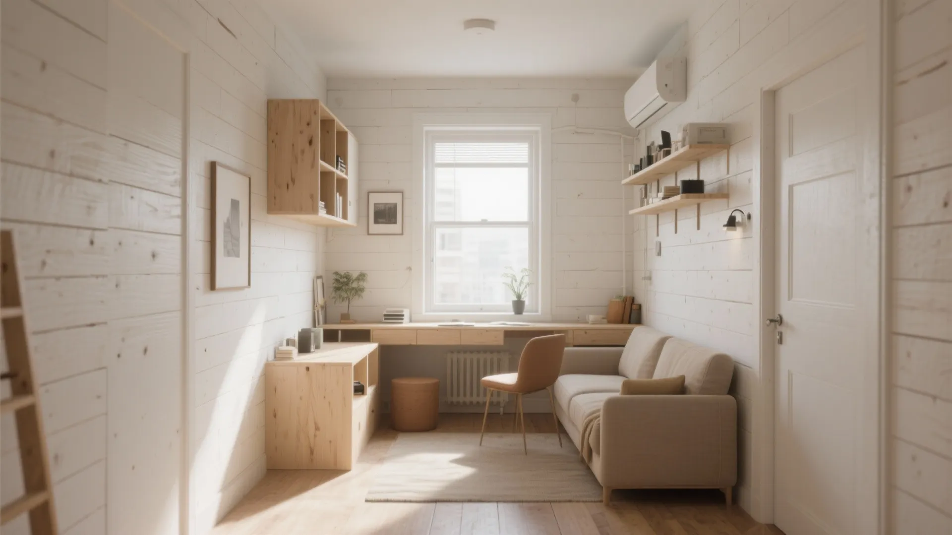 Bright home office with white wood walls plus sofa and wooden desk near the window