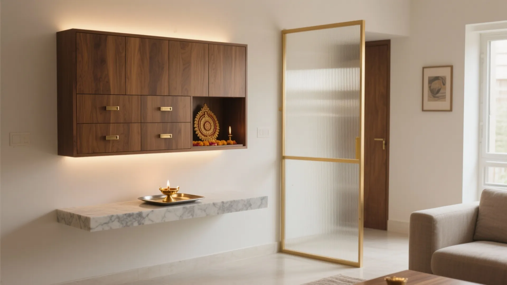 Modern prayer room featuring wooden wall cabinet marble shelf glass partition and warm hidden light fixture
