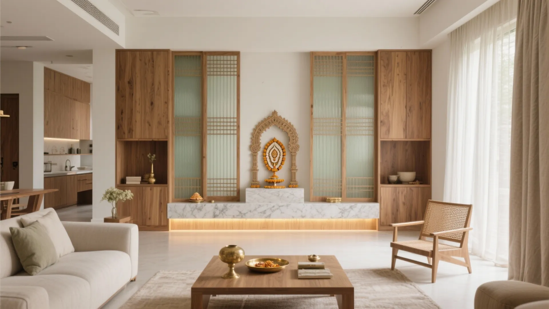 Spacious living room with white sofa, wooden coffee table, marble platform shrine, cabinets, and white curtains