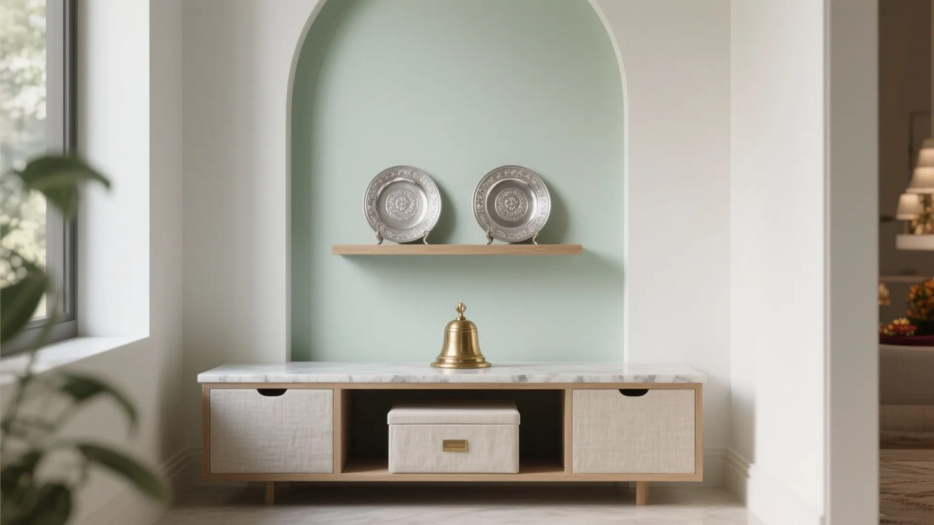 Interior design drawing of light green arched wall with wooden shelf cabinet and gold bell