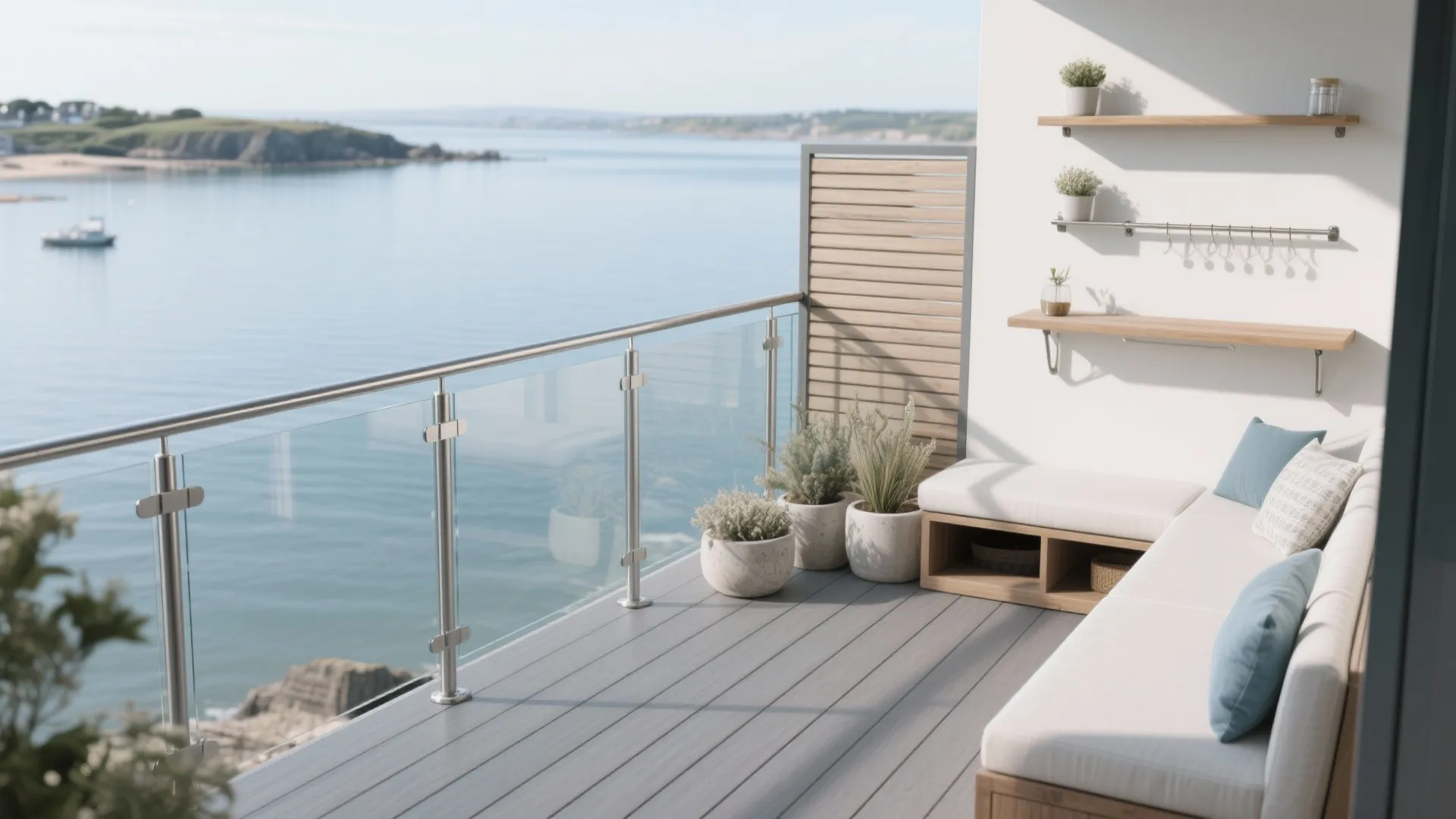 Modern balcony with white sofa blue pillows wooden shelves glass railing and beautiful ocean view