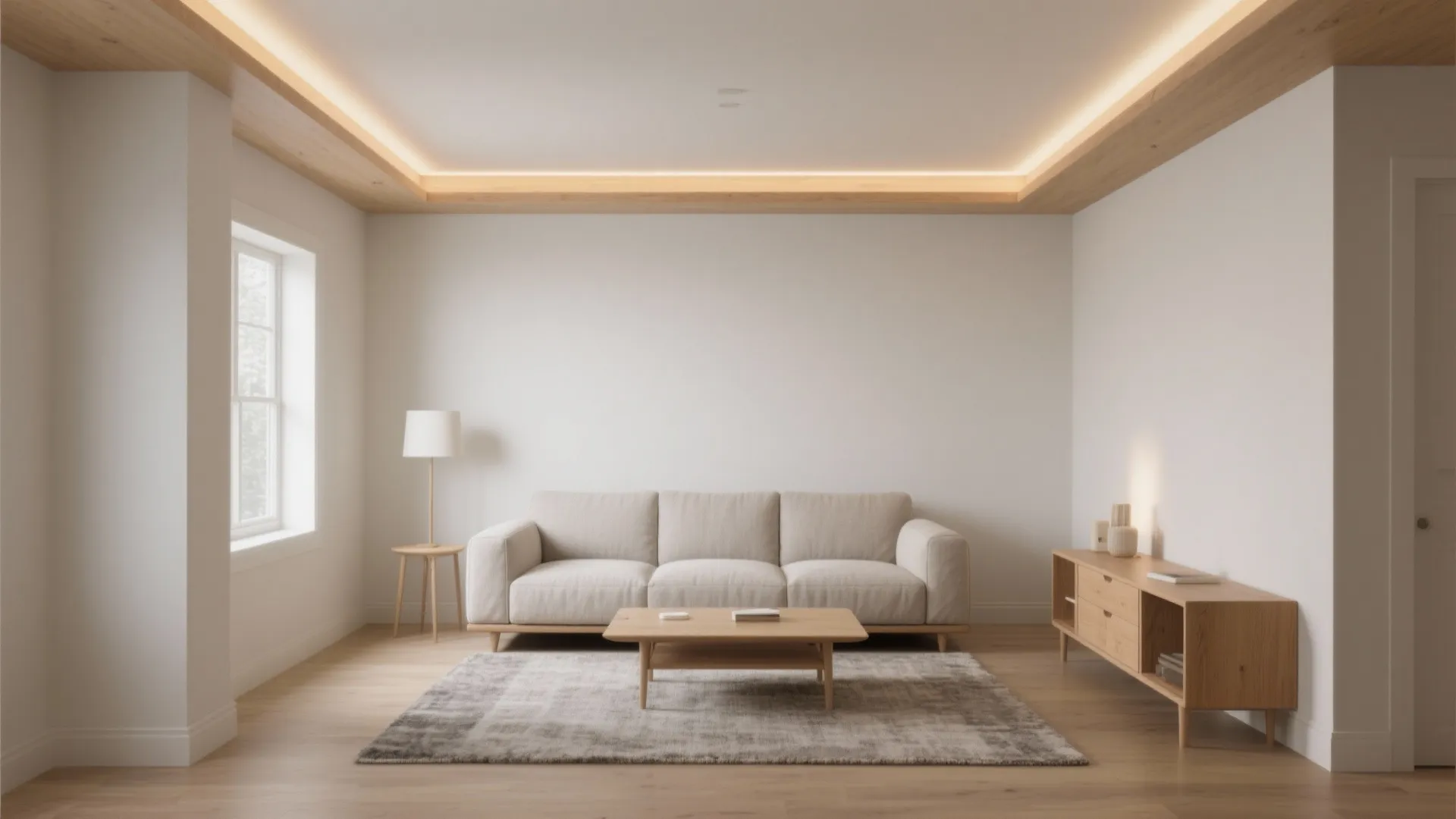 Minimalist living room with beige sofa coffee table grey rug and wooden tray ceiling light