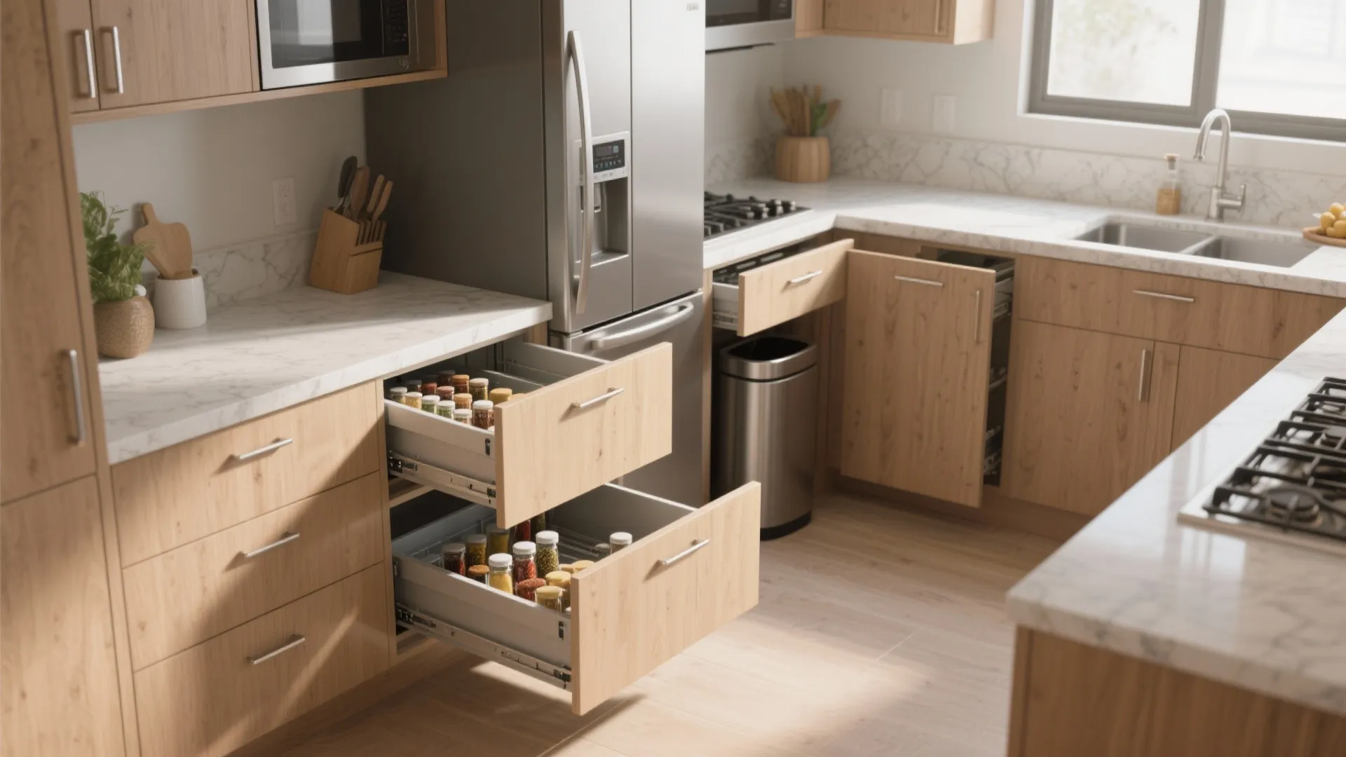 Modern kitchen with wood cabinets showing open pull out drawers filled with various spice jars