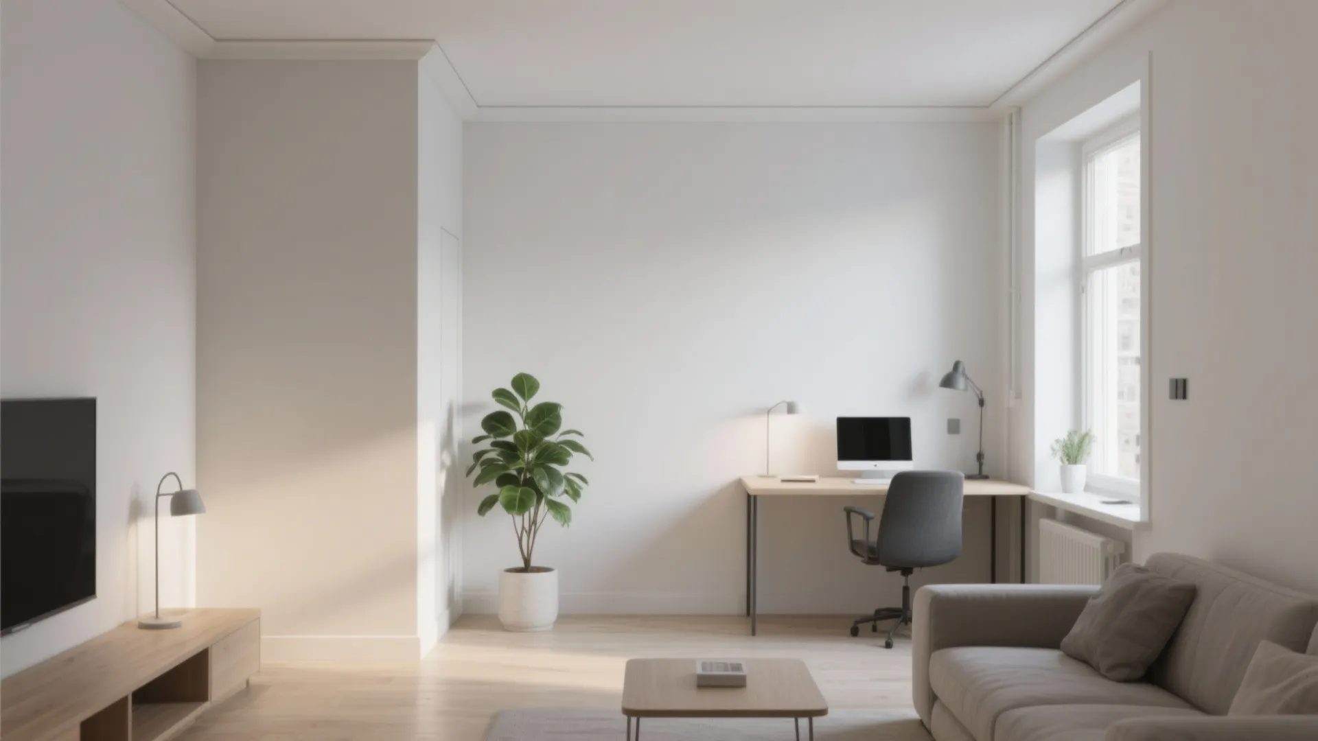 Minimalist white room featuring a wooden desk with computer a green plant and grey sofa