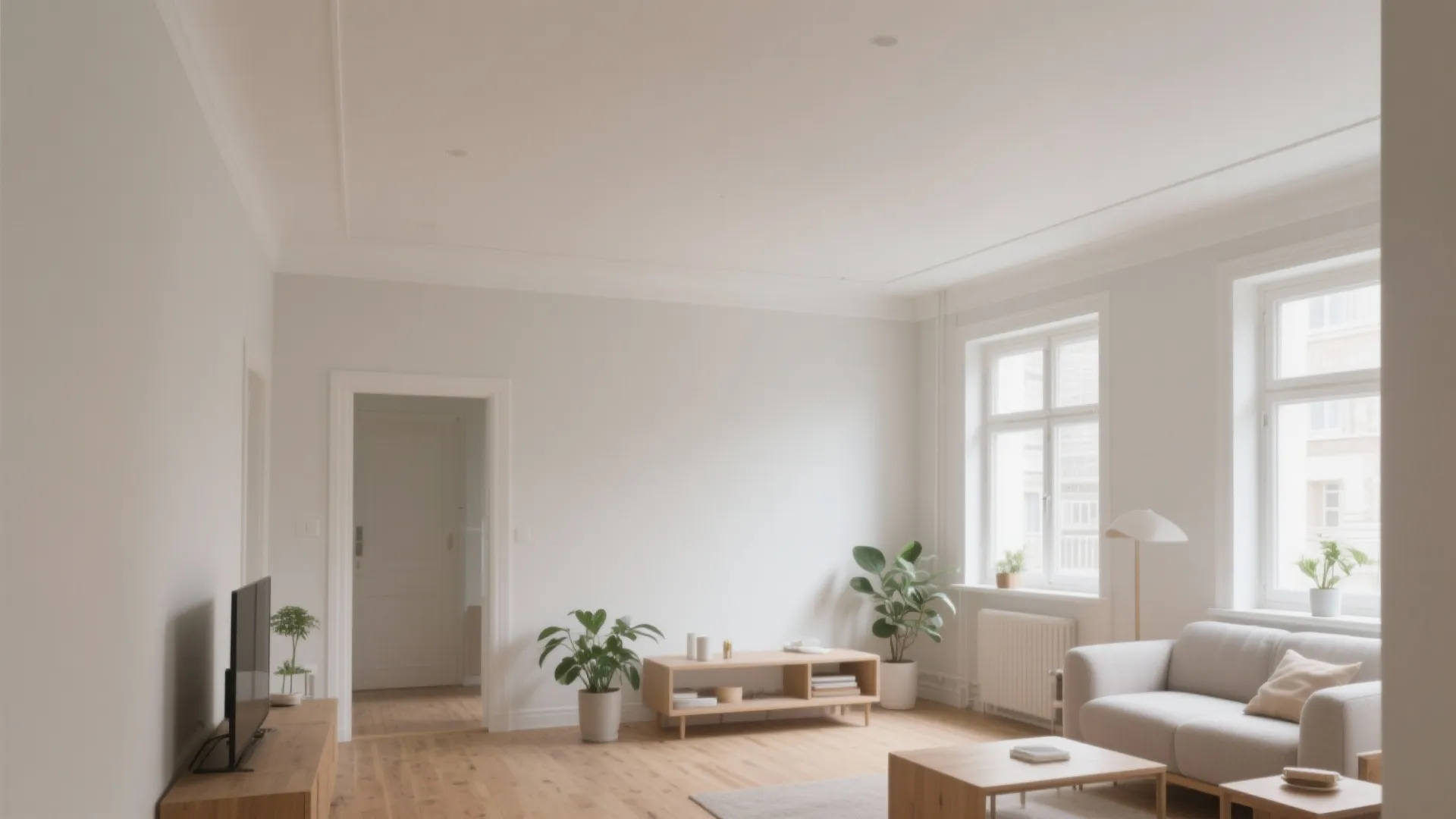 Modern bright living room with wooden floor grey sofa green plants and minimalist wooden furniture