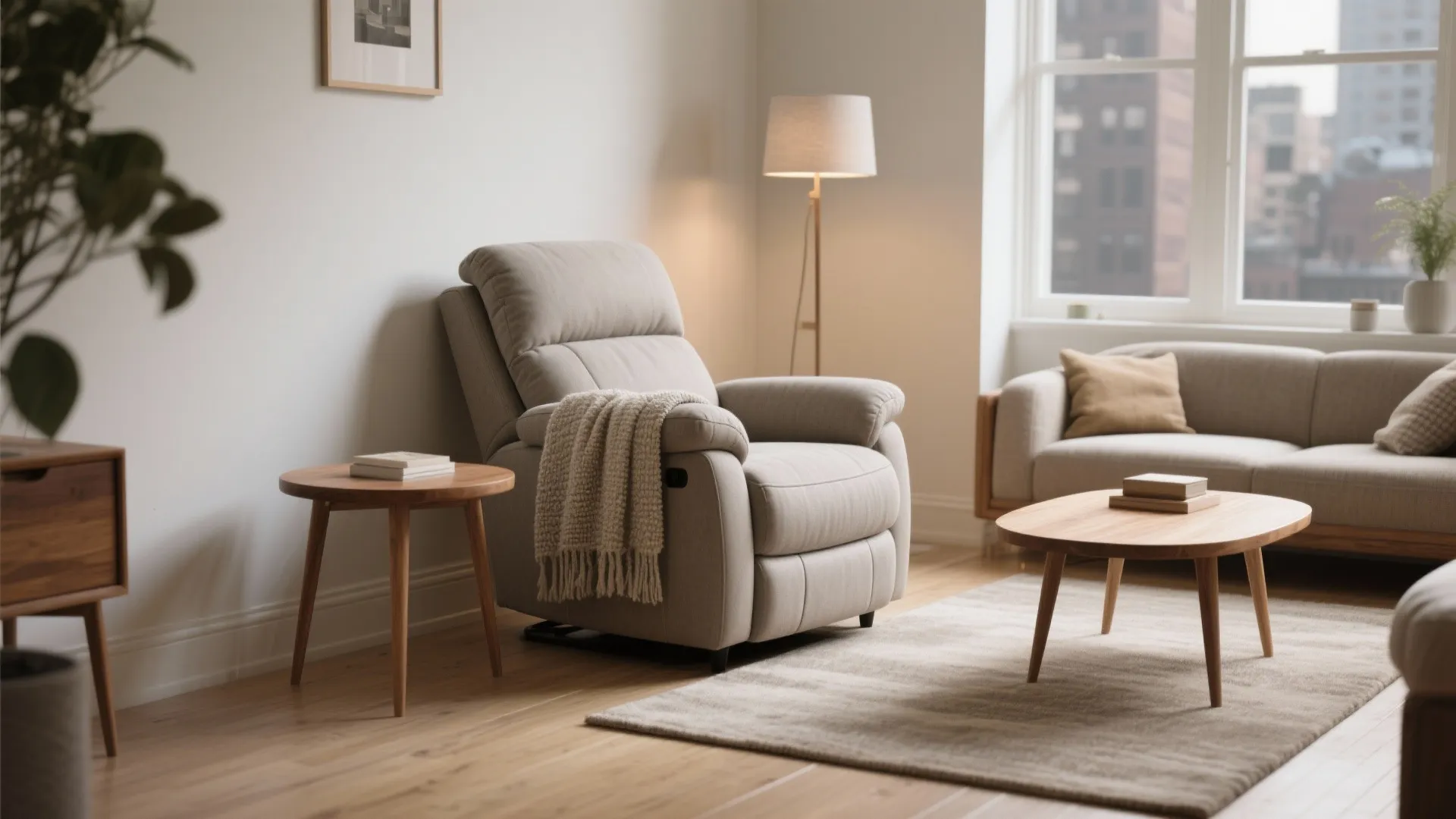 Modern living room featuring a grey sofa recliner wooden side table rug and floor lamp